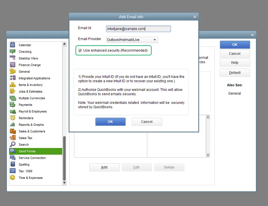 Set-up email service in QuickBooks - Screenshot