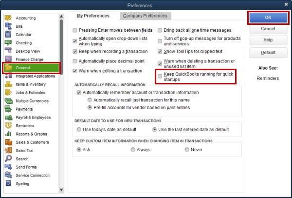 Keep QuickBooks running for quick startups - Screenshot