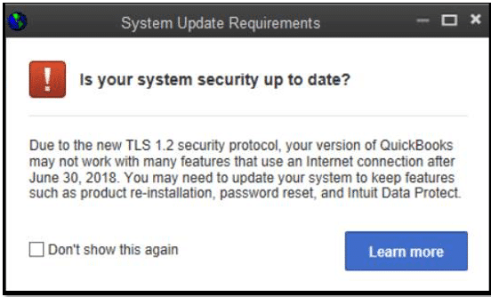 QuickBooks TLS 1.2 Update Requirement - Screenshot