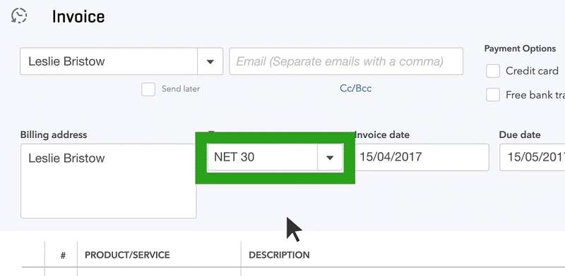 Select the Payment Terms - Screenshot