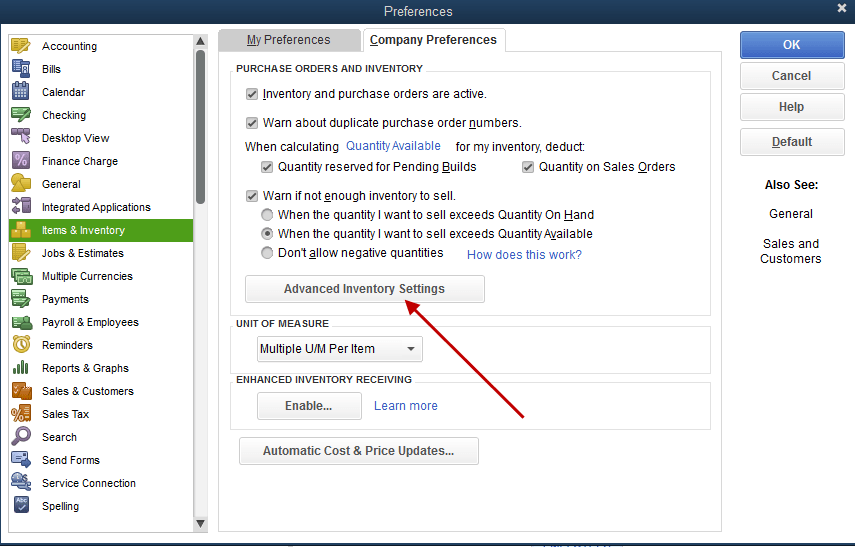 Advanced Inventory Settings in QuickBooks - Screenshot