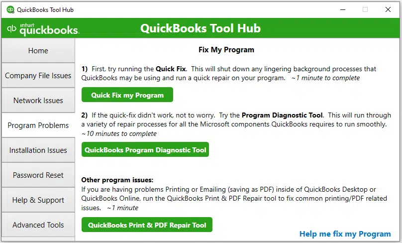 Program Problems tab in tool hub - Screenshot Image