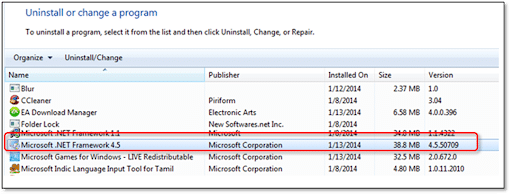 Uninstall .NET Framework on Windows 7 - Screenshot
