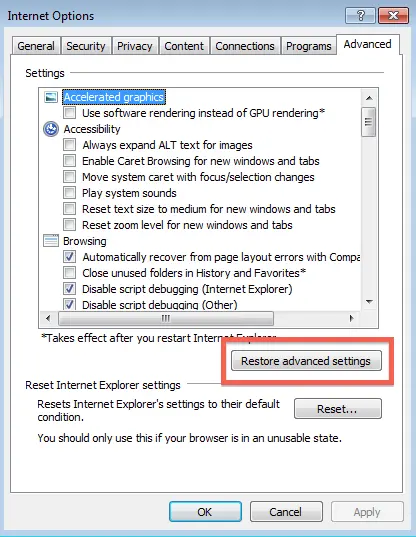 Restore advanced settings - Screenshot