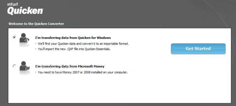 I am transferring data from Quicken for windows - Screenshot Image