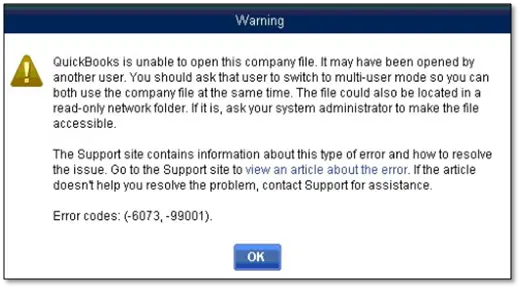 Fix QuickBooks Error 6073, 99001 (Unable to Open Company File)