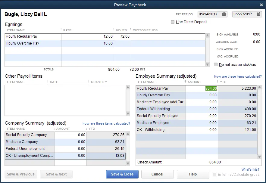 Creating paychekcs and pay payroll liabilities - Screenshot