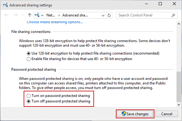 Turn off password protected sharing option - Screenshot Image