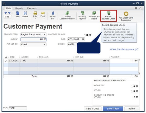 record of a bounced check on quickbooks for mac