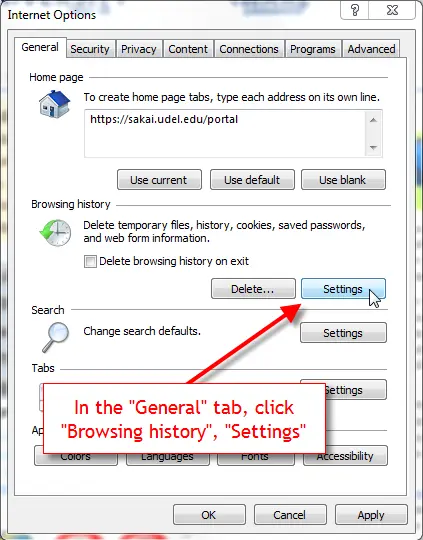 Check the internet explorer settings - Screenshot Image