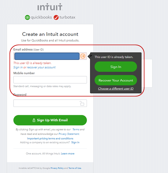 One Intuit ID - Screenshot Image