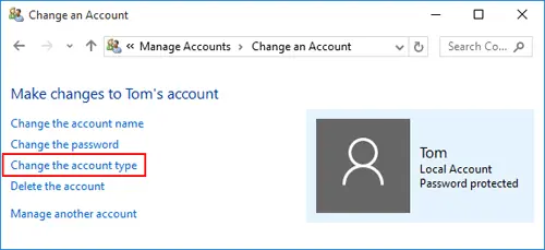Switch the user account to admin account - Screenshot Image