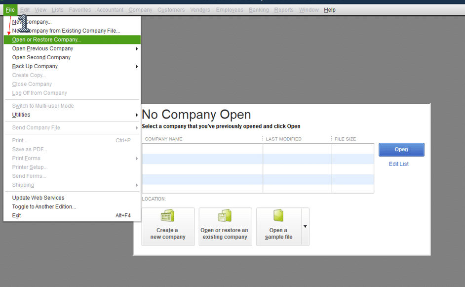 Open or Restore a company file - Screenshot Image