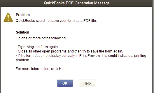 PDF error message in QuickBooks desktop - Screenshot Image