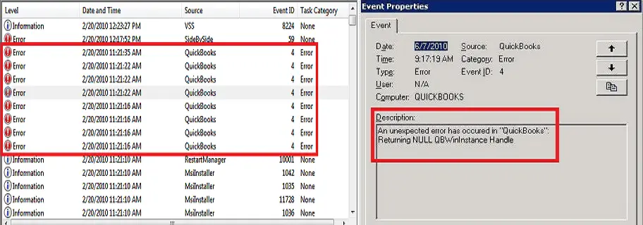 QuickBooks Event ID 4 Error - Screenshot Image