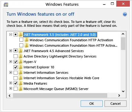 Steps to turn .NET framework 3.5 SP1 - Screenshot Image