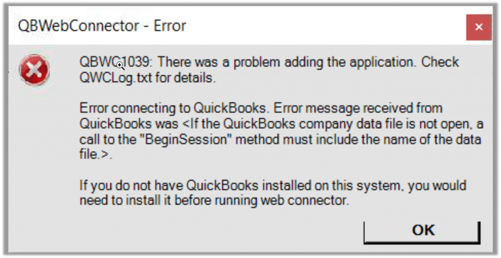 QBWC1039 - If the QuickBooks company data file is not open - Screenshot Image