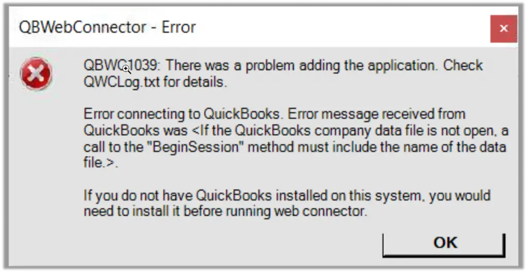 QBWC1039 - If the QuickBooks company data file is not open - Screenshot Image
