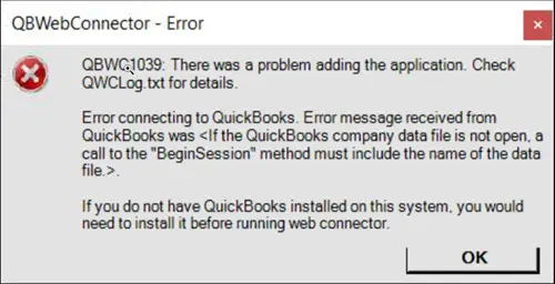 QBWC1039 - There was a problem adding the application. Check QBWCLog.txt for details - Screenshot Image