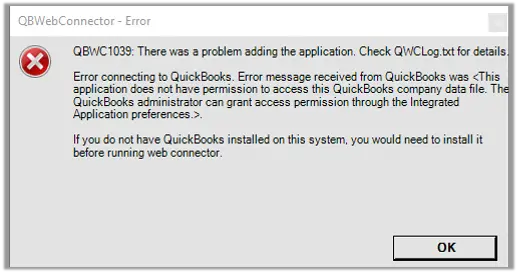 QBWC1039 - This application does not have permission to access the QuickBooks company data file - Screenshot Image