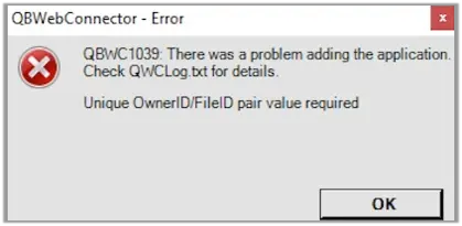QBWC1039 - Unique OwnerID FileID pair value required - Screenshot Image