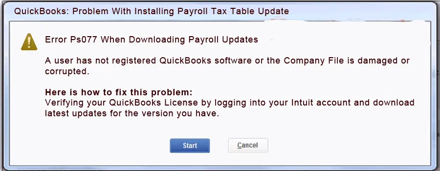 QuickBooks Error Code PS077 - Screenshot Image