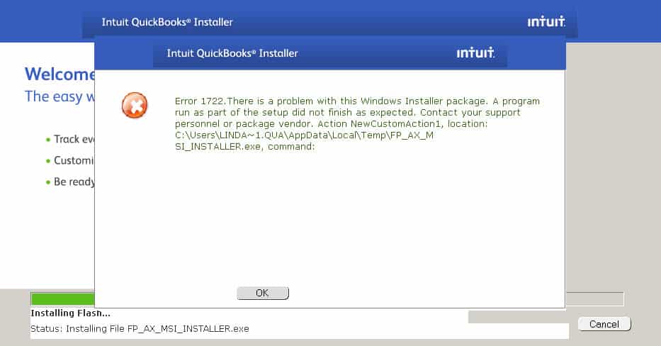QuickBooks Installer Error 1722 - Screenshot Image