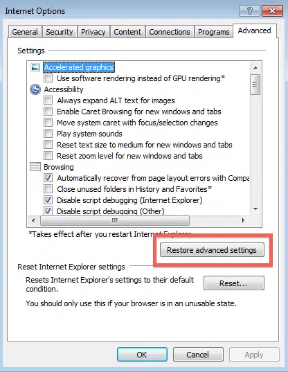 Restore advanced settings - Screenshot Image
