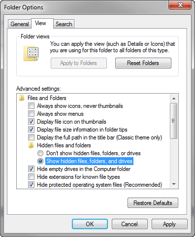Show hidden files and folders - Screenshot