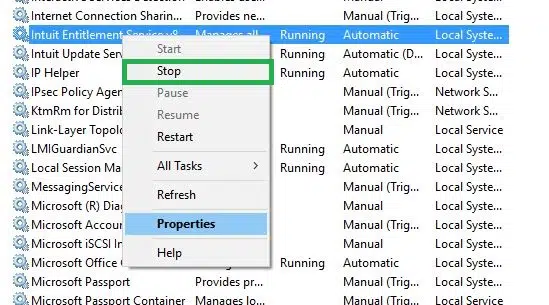 Stop Intuit entitlement services - Screenshot Image