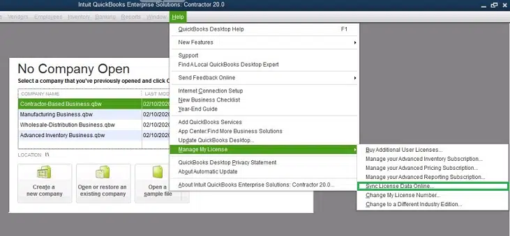 Sync license data online in QuickBooks - Screenshot Image
