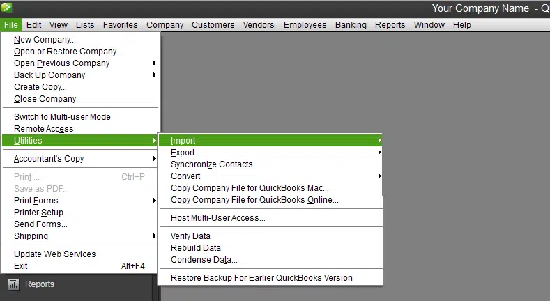 Import option in QuickBooks - Screenshot Image