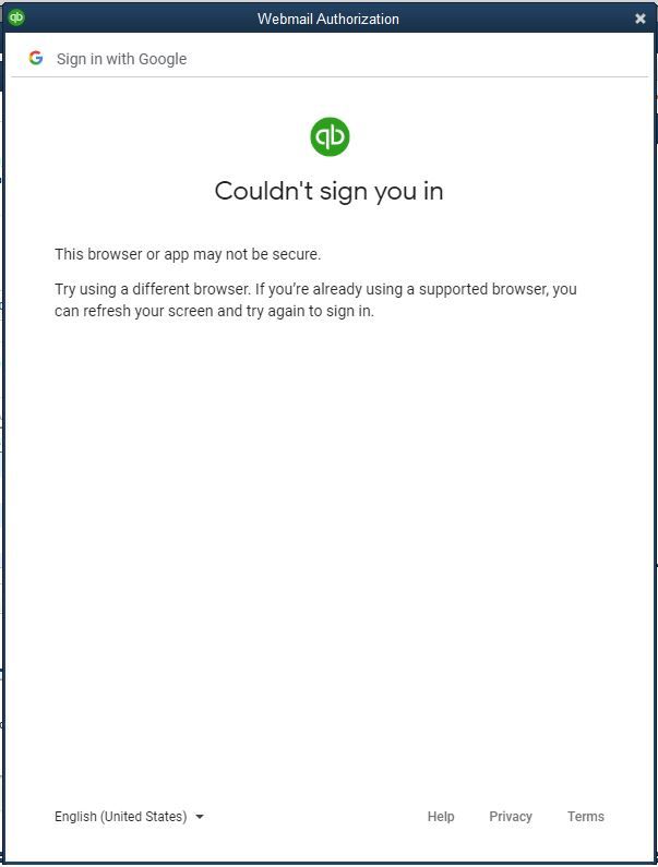 Gmail could not sign you in from QuickBooks - Screenshot Image