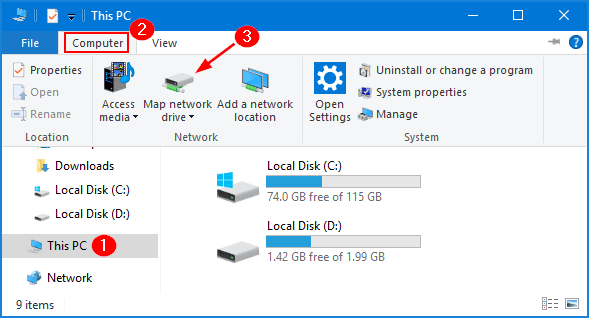Map network drive n Windows 10 - Screenshot Image