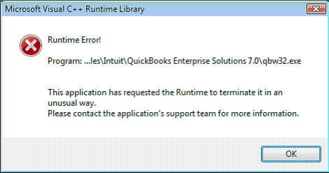 Microsoft Visual C++ error Library runtime errors in QuickBooks - Screenshot Image