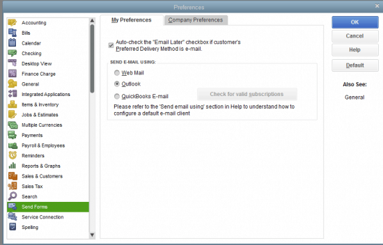 quickbooks email preferences - Screenshot