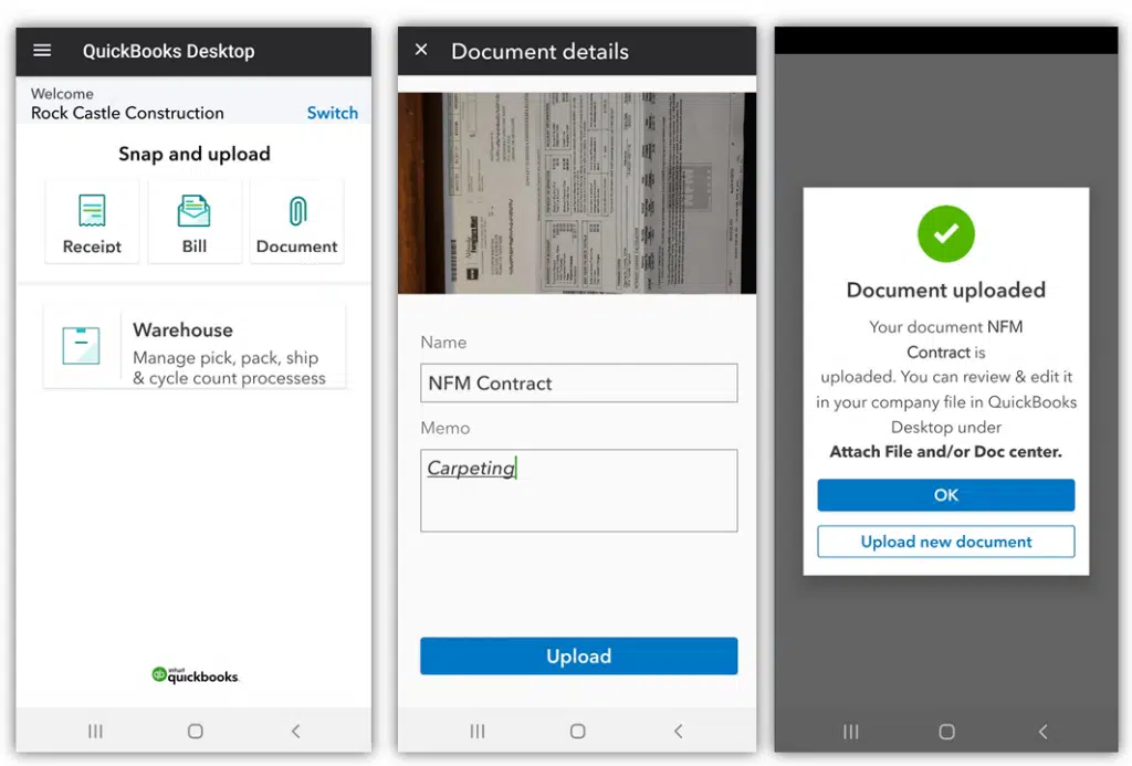 Attach documents to QuickBooks using a mobile device - Screenshot Image