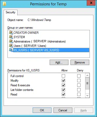 Change the permissions of the windows temp folder - Screenshot Image