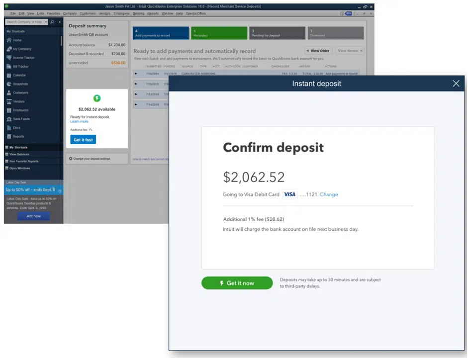 Instant deposits for QuickBooks Payments account users - Screenshot Image