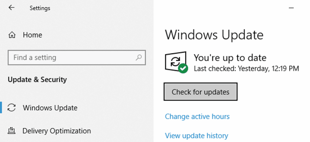 Check for updates in windows 10 - Screenshot Image