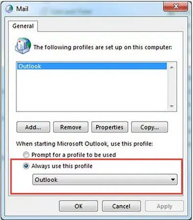 Editing the email profile in windows - Screenshot Image