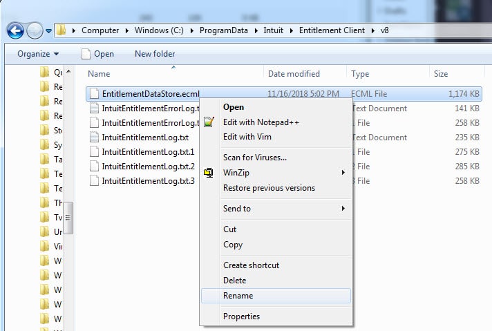 Rename the name of the EntitlementDataStore.ecml file or folder - Screenshot Image