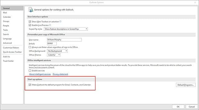 Set outlook as default email program - Screenshot Image