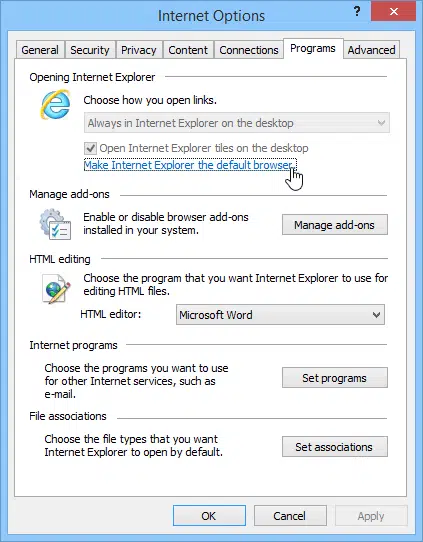 Resetting the default browser to Internet explorer - Screenshot