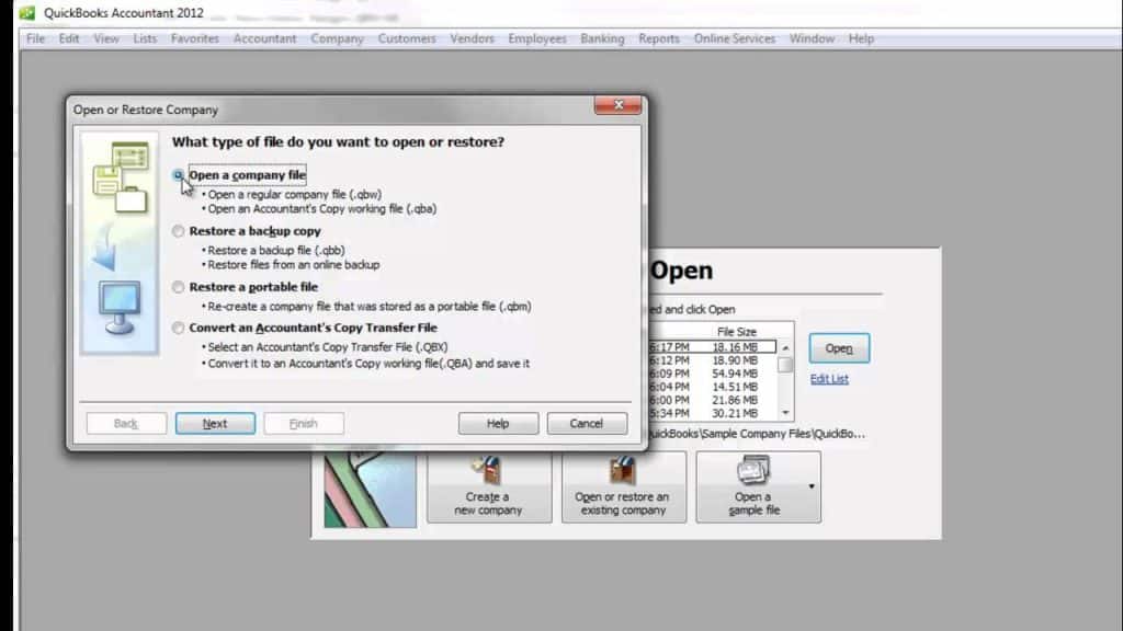 Open a company file - Screenshot Image