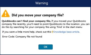 QuickBooks Company file cannot be found - Screenshot Image