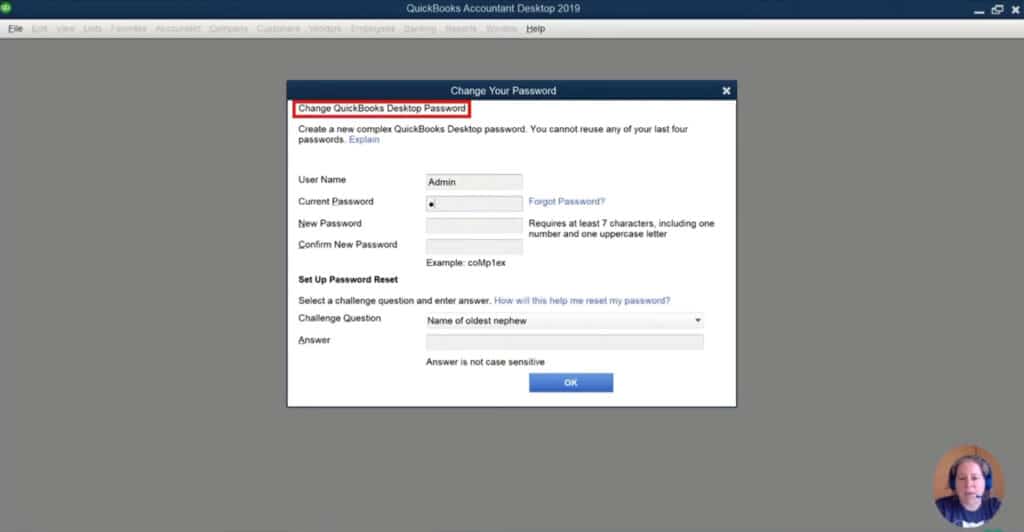 Change QuickBooks password window - Screenshot Image