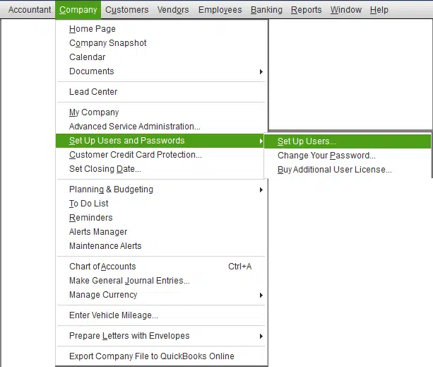 Company and setup users and passwords - Screenshot Image