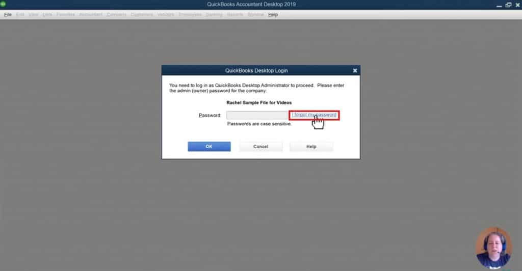 Resetting the password for QuickBooks - Screenshot Image 1