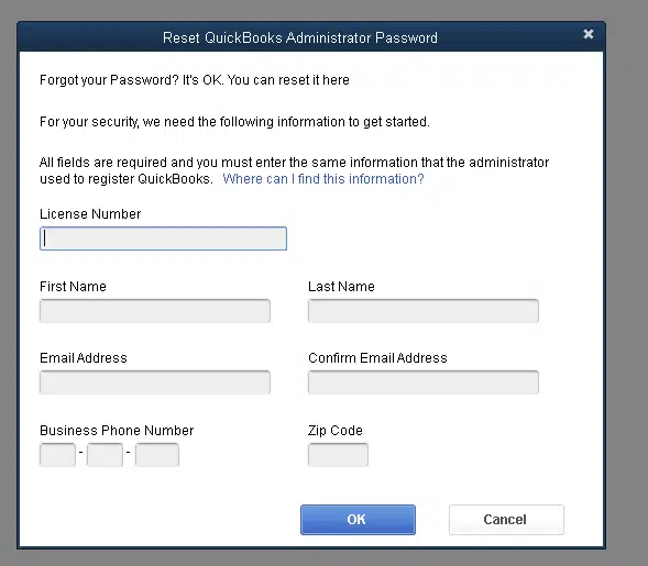 Resetting the password for QuickBooks - Screenshot Image